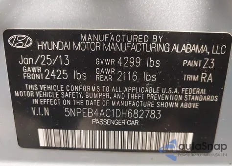 2013 Hyundai Sonata Gls z USA, uszkodzony, nr VIN 5NPEB4AC1DH682783